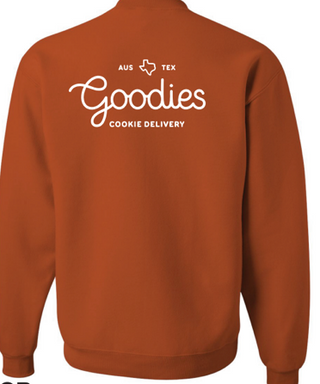 Burnt Orange sweatshirt with 'Goodies Cookie Delivery' text on the back