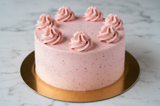 bright fun image of a 6 in round layer cake in soft pink frosting with specs of strawberry in the frosting and on top of the cake there are 5 swirls of frosting space out over the edge of cake on top of a gold cake board on marble table top straight on view