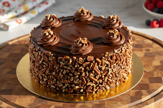 bright fun photo of a 6 in round layer cake with chocolate frosting covered in chopped texas pecans on top of a gold cake board on a nice wooden cutting board straight on view with 5 swirls of icing around the edge of the cake on top of the cake
