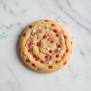 top down view of sugar cookie without icing and add red white pink heart sprinkles mixed into cookie on top of marble table